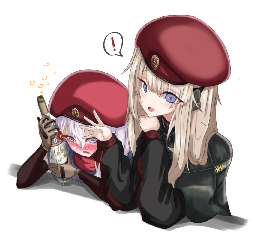 9a-91_(girls'_frontline), ak74m_(girls'_frontline), alcohol, blue_eyes, bottle, brown_gloves, brown_hair, drunk