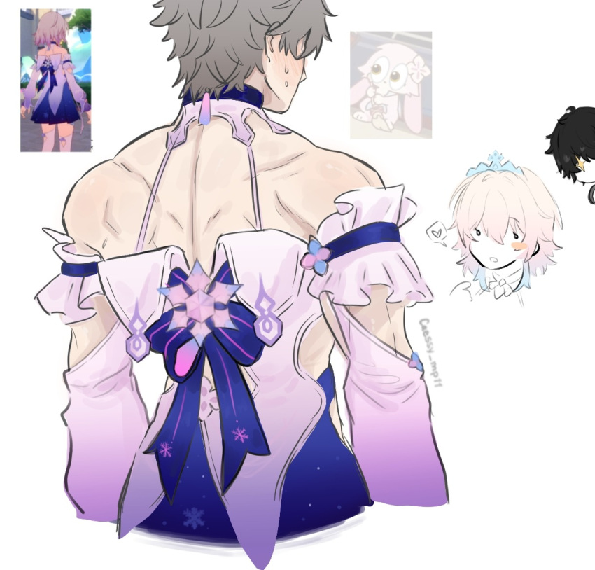 +_+, 1girl, 2boys, ahoge, bare_back, bare_shoulders, black_eyes, black_hair