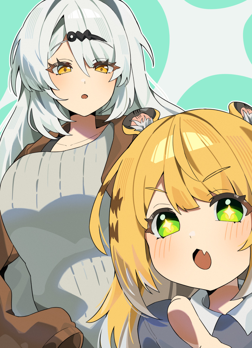 +_+, 2girls, absurdres, alternate_costume, animal_ear_fluff, animal_ears, breasts, brown_jacket