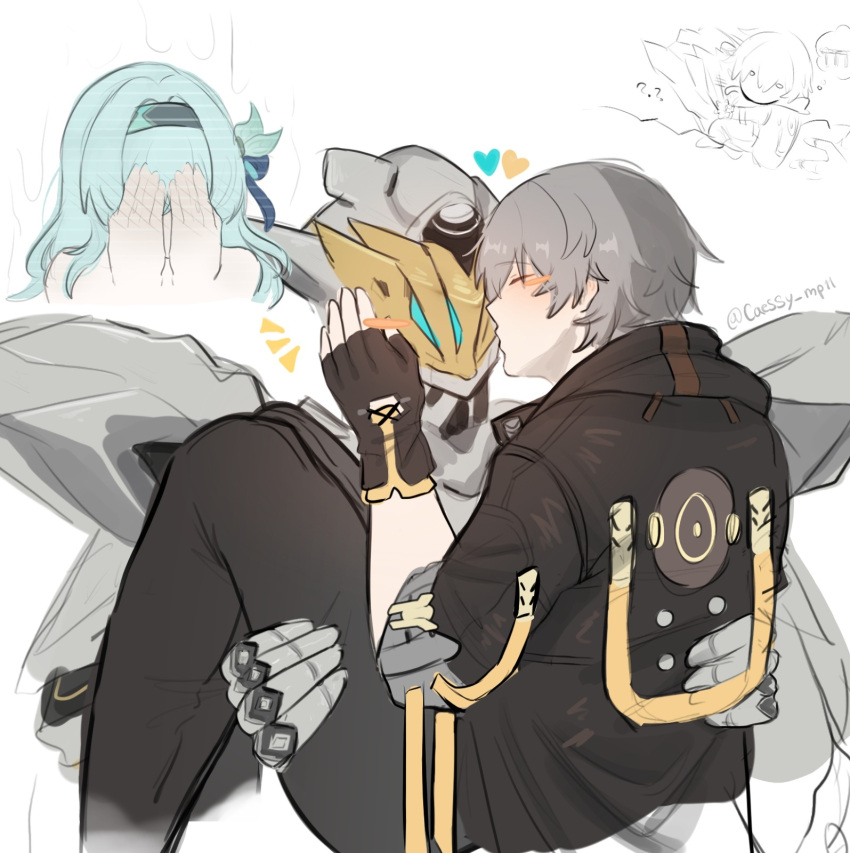 1boy, 1girl, ?, ??, armor, artist_name, black_boots, black_gloves, black_hairband, black_jacket, black_pants, black_ribbon, blue_hair, blush, blush_stickers, boots, caelus_(honkai:_star_rail), caessy_mp11, carrying, closed_eyes, closed_mouth, covering_face, fingerless_gloves, firefly_(honkai:_star_rail), from_side, full_armor, gloves, grey_armor, grey_hair, hair_between_eyes, hair_ornament, hair_ribbon, hairband, hand_up, hands_up, heart, helmet, hetero, highres, honkai:_star_rail, honkai_(series), hood, hooded_jacket, jacket, kiss, kissing_cheek, leaf_hair_ornament, long_hair, long_sleeves, mecha, multicolored_armor, notice_lines, pants, power_armor, princess_carry, ribbon, robot, sam_(honkai:_star_rail), short_hair, shy, simple_background, speech_bubble, thought_bubble, trailblazer_(honkai:_star_rail), upper_body, wavy_hair, white_background, yellow_armor