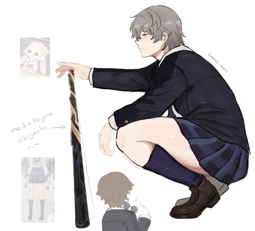 2boys, arrow_(symbol), artist_name, baseball_bat, black-framed_eyewear, black_jacket, blue_skirt, blush