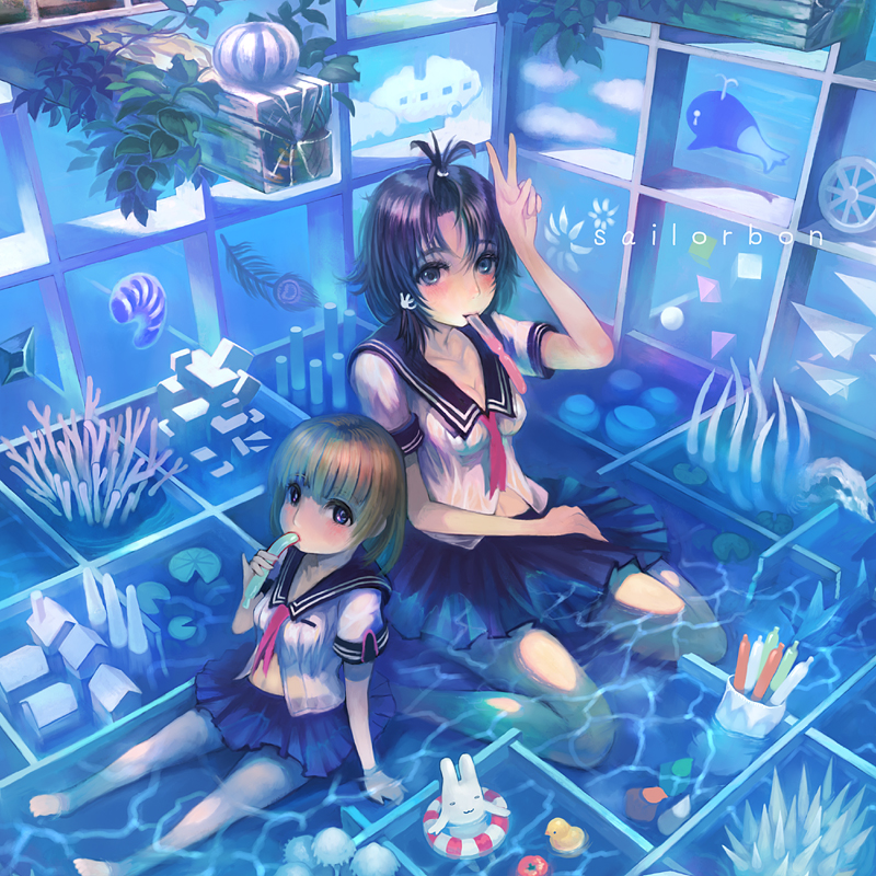 bad_id, barefoot, blush, mouth_hold, multiple_girls, original, partially_submerged, popsicle