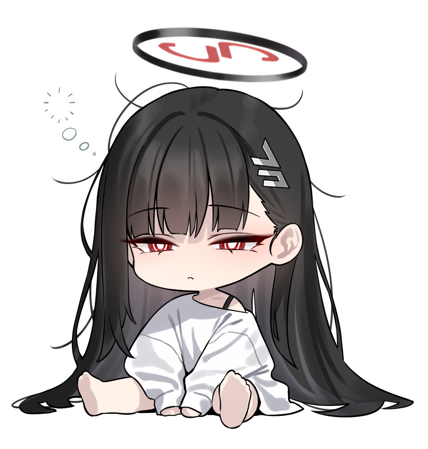 1girl, absurdres, alternate_costume, barefoot, black_hair, blue_archive, blunt_bangs, chibi