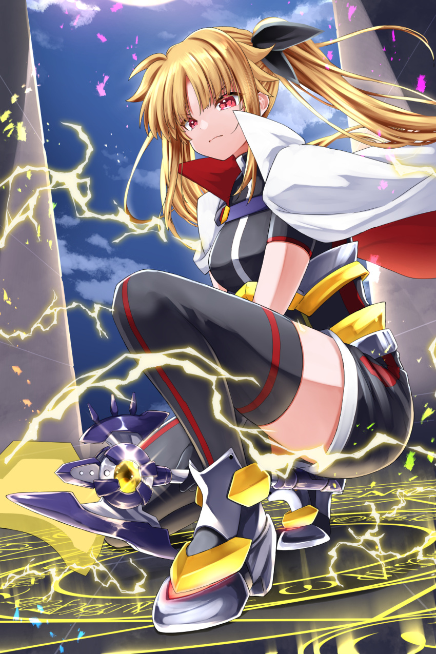 1girl, armored_boots, bardiche_(nanoha), black_thighhighs, blonde_hair, blunt_bangs, boots, cape