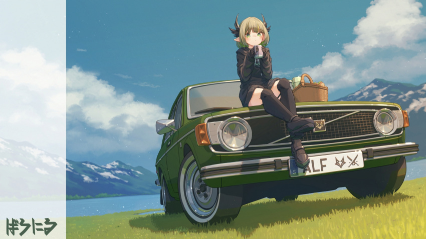 1girl, alfhilde_odinsdottir, astraline, baronilu, black_hood, black_shoes, black_thighhighs, blue_sky