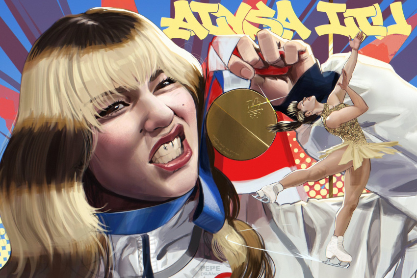 1girl, 2026_winter_olympics, alysa_liu, artist_name, blonde_hair, blue_trim, blunt_bangs, brown_eyes