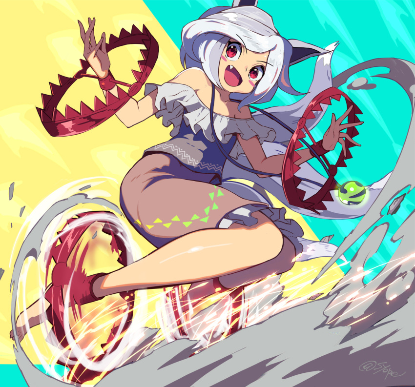 1girl, :d, animal_ears, aqua_background, bare_shoulders, barefoot, bear_trap, commentary_request