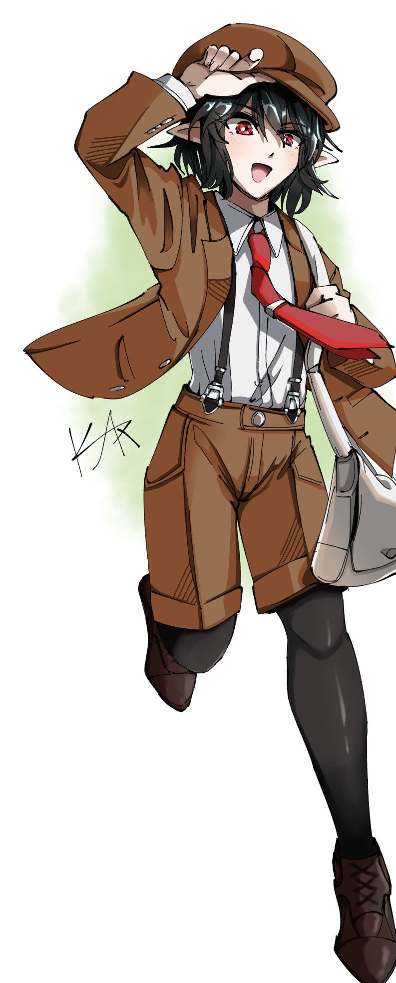 1girl, adjusting_clothes, adjusting_headwear, bag, black_hair, black_leggings, black_shoes, black_suspenders, brown_hair, brown_jacket, brown_shorts, commentary_request, floating_neckwear, gradient_background, green_background, highres, holding, holding_bag, jacket, konton_hakusai, leggings, long_sleeves, looking_at_viewer, medium_hair, messy_hair, necktie, open_mouth, pointy_ears, red_eyes, red_necktie, running, running_towards_viewer, shameimaru_aya, shameimaru_aya_(newsboy), shirt, shoes, shorts, shoulder_bag, signature, simple_background, smile, solo, touhou, white_background, white_bag, white_shirt
