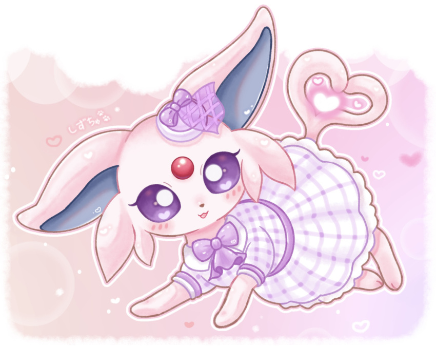 animal_focus, blush, bow, clothed_pokemon, commentary_request, dress, espeon, espeon_(checkered)