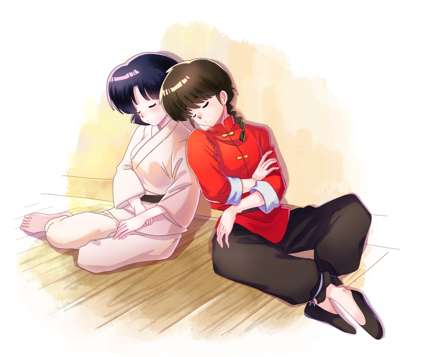 2girls, absurdres, barefoot, black_hair, black_pants, black_shoes, braid, brown_hair