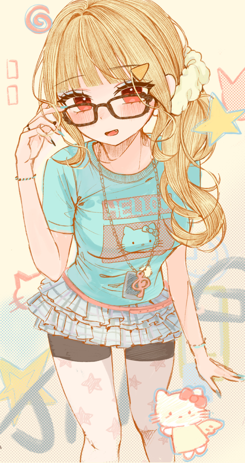 1girl, absurdres, adjusting_eyewear, animal_print, aqua_shirt, bike_shorts, bike_shorts_under_skirt, black-framed_eyewear, black_shorts, blonde_hair, blue_shirt, blunt_bangs, blush, bracelet, breasts, brown-framed_eyewear, cat_print, choppy_bangs, cliil_(artist), clothes_writing, commentary, fang, frilled_skirt, frills, glasses, hair_ornament, hair_scrunchie, hairclip, hello_kitty, hello_kitty_(character), highres, id_card, jewelry, jingburger, korean_commentary, lanyard, layered_skirt, leaning_forward, long_hair, looking_at_viewer, medium_breasts, miniskirt, nail_polish, open_mouth, pantyhose, plaid_clothes, plaid_skirt, pleated_skirt, print_shirt, print_skirt, rectangular_eyewear, red_eyes, sanrio, scrunchie, shirt, short_sleeves, shorts, shorts_under_skirt, side_ponytail, sidelocks, skirt, smile, solo, standing, star_(symbol), star_print, t-shirt, virtual_youtuber, waktaverse, white_scrunchie, white_skirt, yellow_background