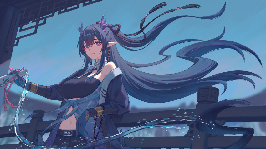 1girl, arknights, bandeau, bare_shoulders, black_bandeau, black_jacket, blue_eyes, blue_hair