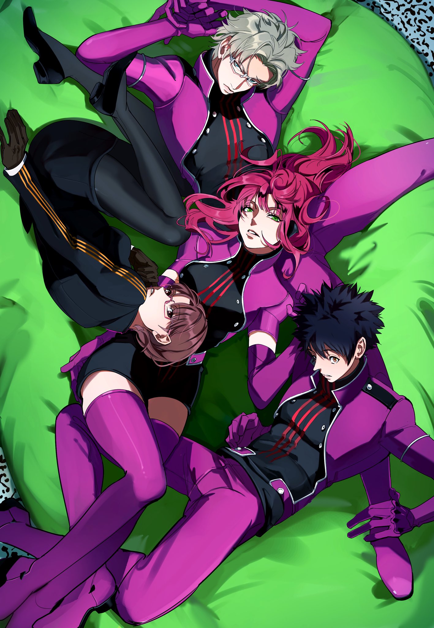 2boys, 2girls, acbi_0706, arms_behind_head, bean_bag_chair, black_hair, blunt_bangs, boots, border_operator_uniform_(world_trigger), breasts, brown_hair, commentary, elbow_gloves, glasses, gloves, green_eyes, hands_up, headphones, highres, jacket, katori_squad's_uniform, katori_youko, long_hair, long_sleeves, looking_at_viewer, lying, medium_breasts, medium_hair, miura_yuuta, multiple_boys, multiple_girls, on_back, pants, pantyhose, parted_lips, purple_boots, purple_jacket, purple_pants, red_hair, short_hair, short_sleeves, somei_hana, spiky_hair, thigh-highs, thigh_boots, wakamura_rokurou, white_hair, world_trigger