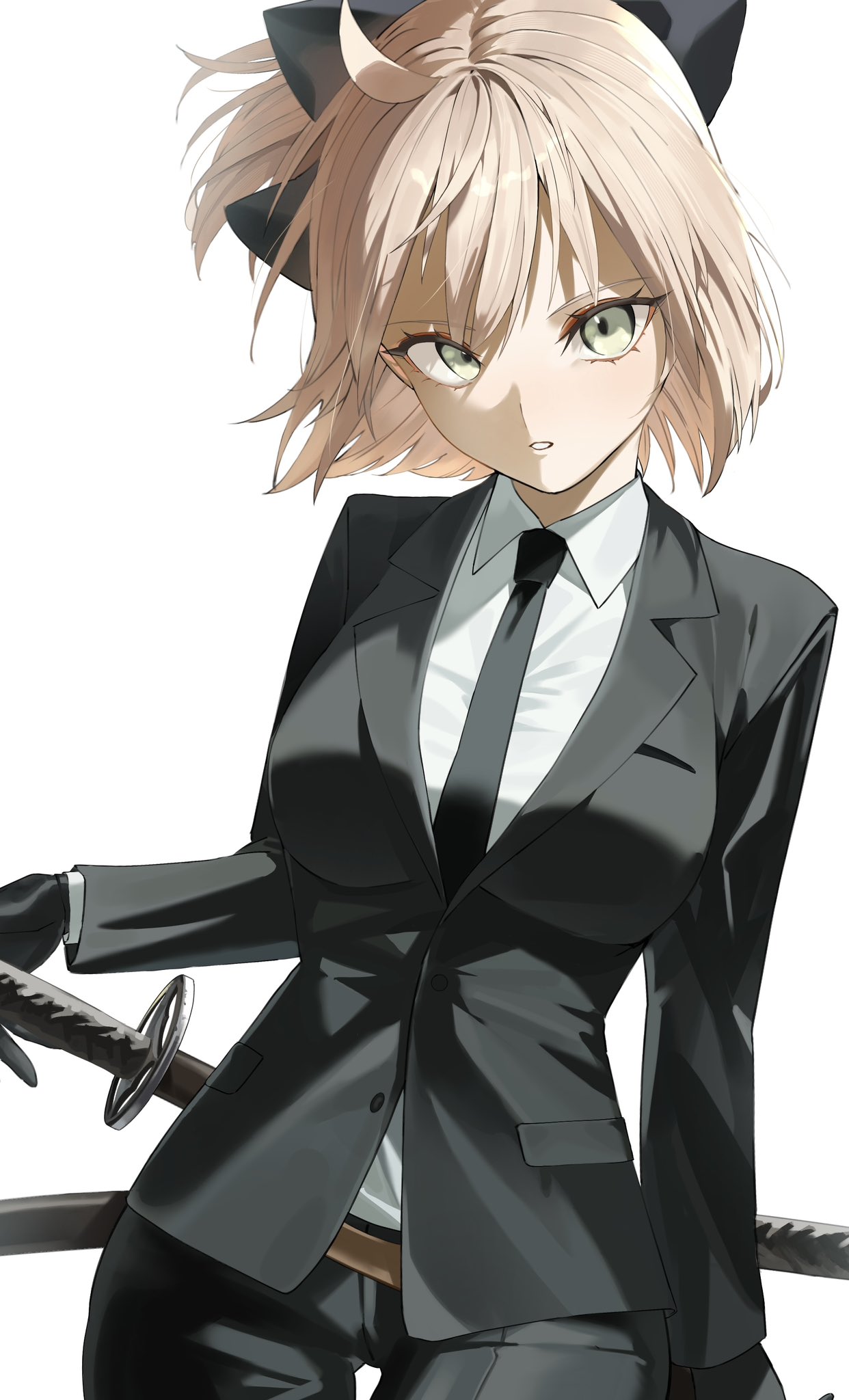 black_bow, black_necktie, bow, breasts, commentary_request, cowboy_shot, fate/grand_order, fate_(series)