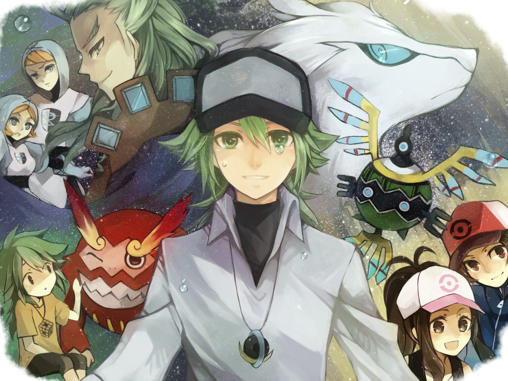 baseball_cap, brown_eyes, brown_hair, darmanitan, geechisu_(pokemon), green_eyes, green_hair, hat