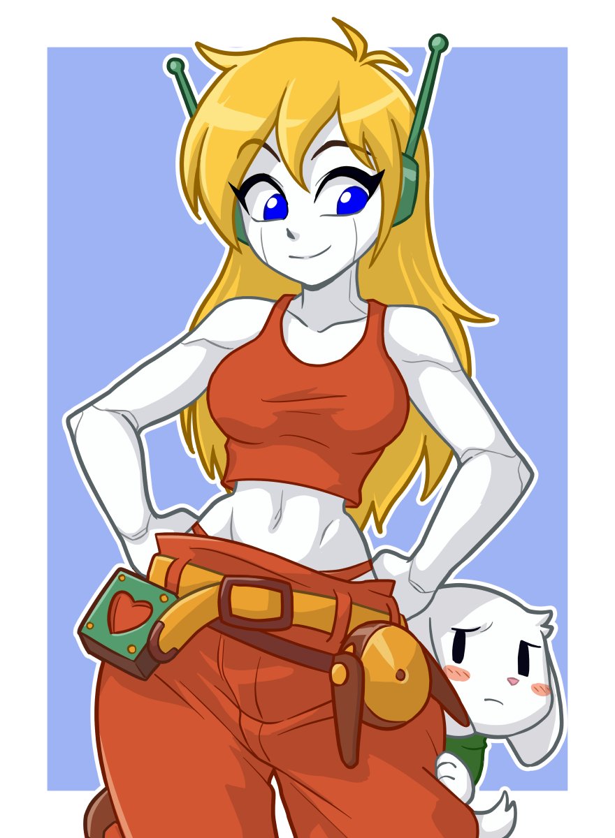 1girl, 1other, android, baggy_pants, belt, blue_background, blue_eyes, breasts