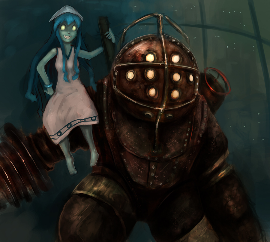 big_daddy, big_daddy_(bioshock), bioshock, bracelet, crossover, drawfag, dress, drill