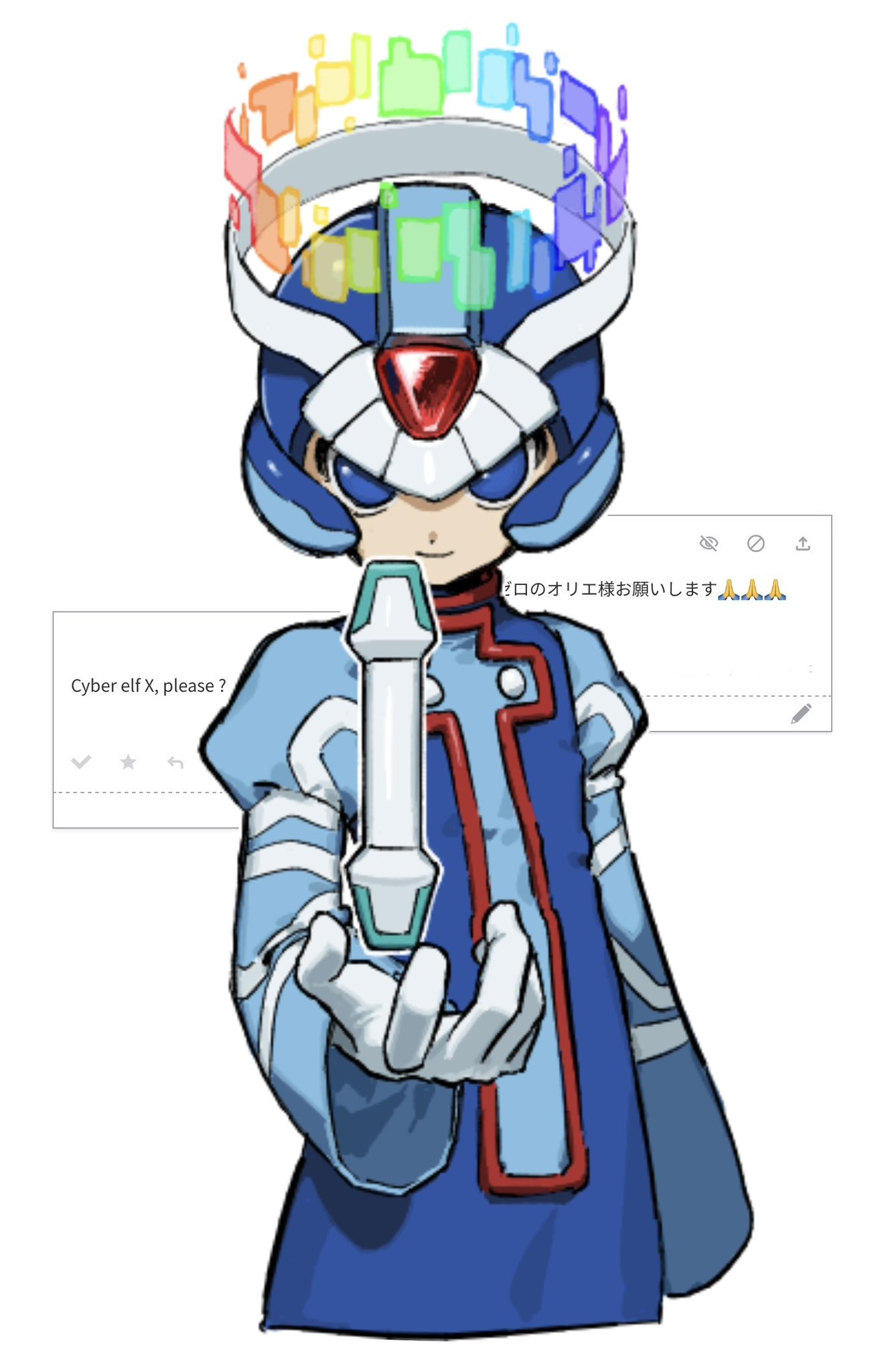 1boy, blue_eyes, blue_helmet, blue_robe, cowboy_shot, cyber_elf_x_(mega_man), forehead_jewel, halo