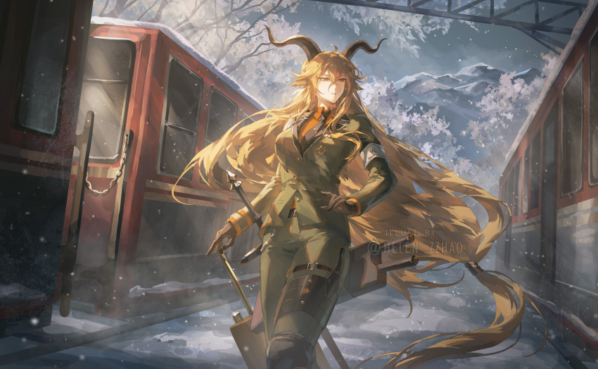 1girl, animal_ears, arknights, armband, asymmetrical_sidelocks, brown_horns, commentary, degenbrecher_(arknights)