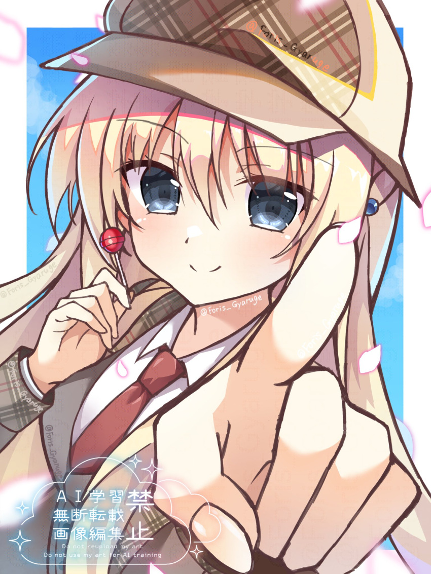 1girl, blonde_hair, blue_background, blue_eyes, blush, border, brown_jacket, candy