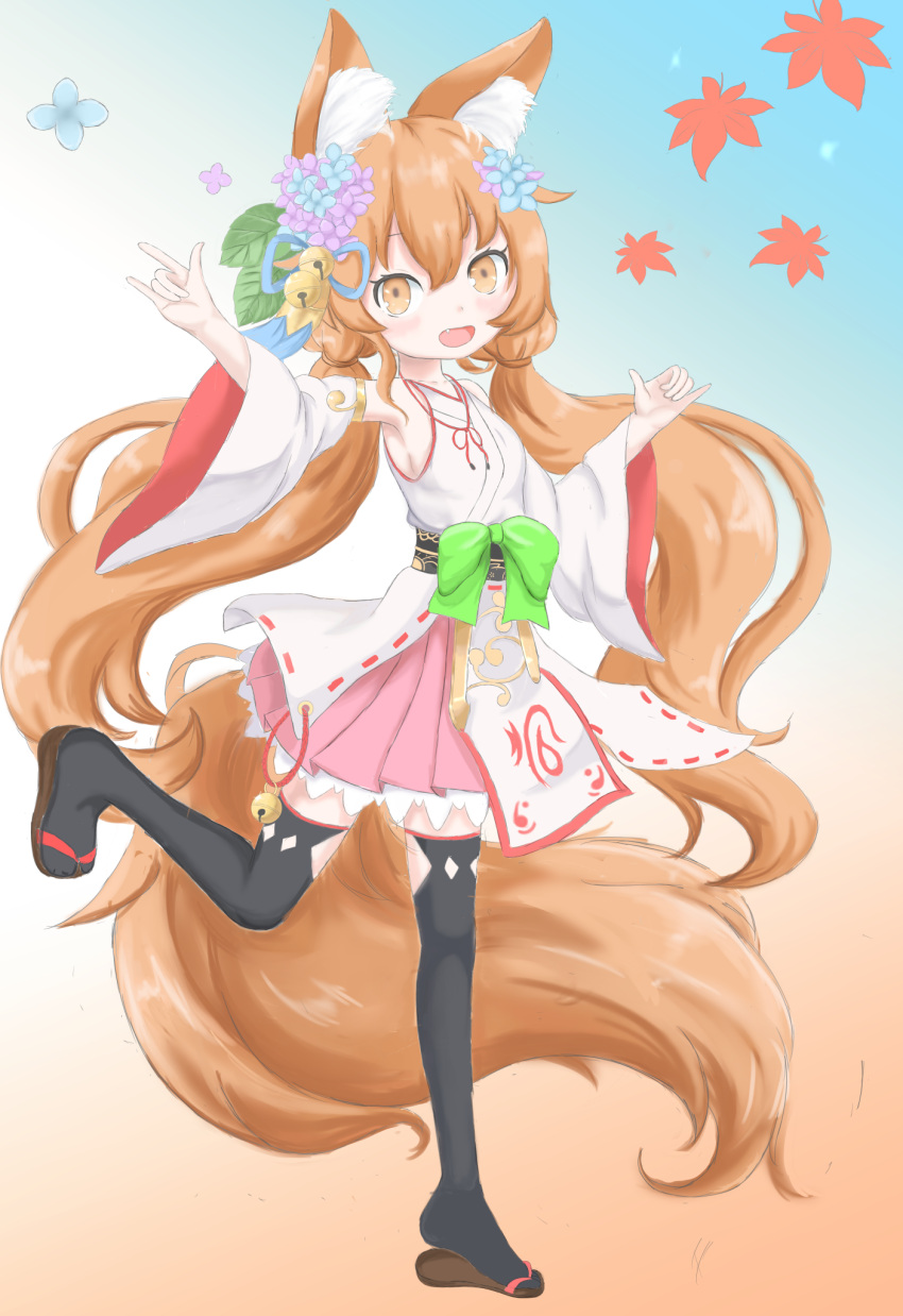 1girl, \m/, animal_ear_fluff, animal_ears, black_thighhighs, blue_background, bow, commentary