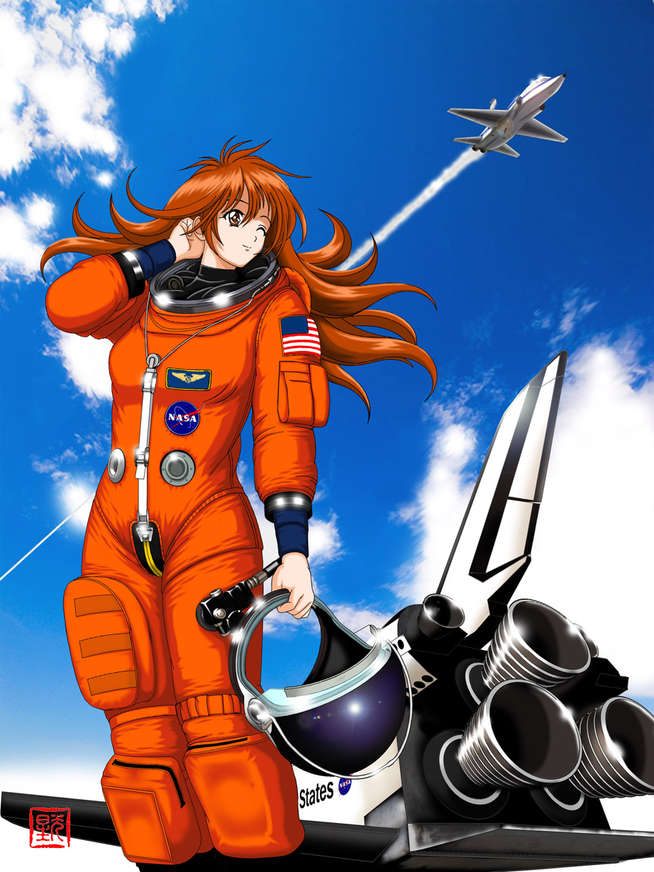 american_flag, astronaut, budspedy, copyright_request, geitassha, helmet, highres, jet