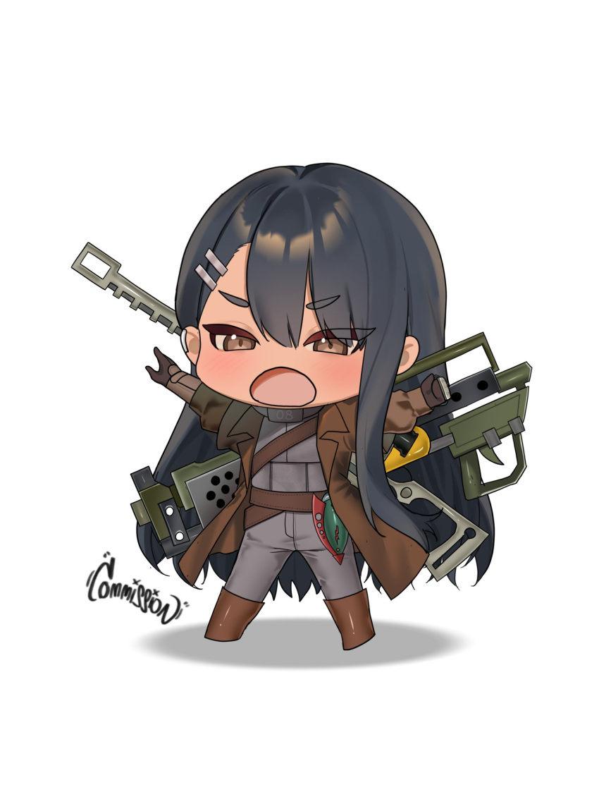 1girl, armor, black_hair, boots, brown_coat, brown_eyes, bulletproof_vest, coat
