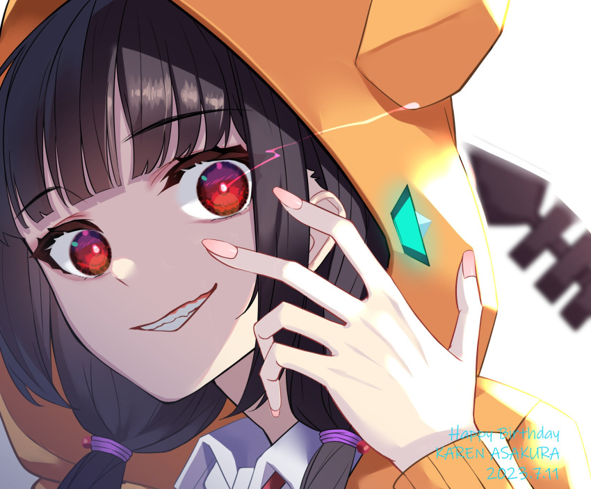 1girl, :d, asakura_karen_(heaven_burns_red), black_hair, blunt_bangs, bright_pupils, collared_shirt, commentary_request, evil_grin, evil_smile, eyelashes, fingernails, grin, hand_up, happy_birthday, heaven_burns_red, highres, hood, hood_up, hoodie, long_hair, long_sleeves, looking_at_viewer, low_twintails, negino_yurine, orange_hoodie, portrait, red_eyes, shirt, simple_background, smile, solo, twintails, white_background, white_pupils, white_shirt, wide-eyed