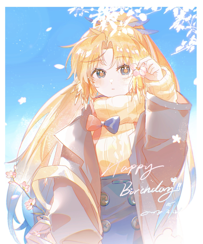 1girl, arknights, arm_up, blonde_hair, blush, brown_jacket, commentary, day