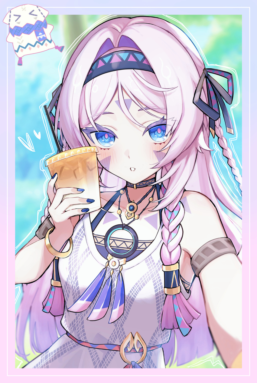 1girl, bare_shoulders, blue_eyes, blush, braid, citlali_(genshin_impact), citlali_(mom's_touch)_(genshin_impact), citlalin_(genshin_impact), commentary_request, cup, disposable_cup, dress, drinking_straw, facial_mark, fingernails, forehead_mark, genshin_impact, hand_up, highres, holding, holding_cup, long_hair, looking_at_viewer, nail_polish, official_alternate_costume, parted_lips, partial_commentary, pink_hair, pink_pupils, sleeveless, sleeveless_dress, solo, triangle, triangle_facial_mark, ura_(hamburg_oniku), very_long_hair, white_dress