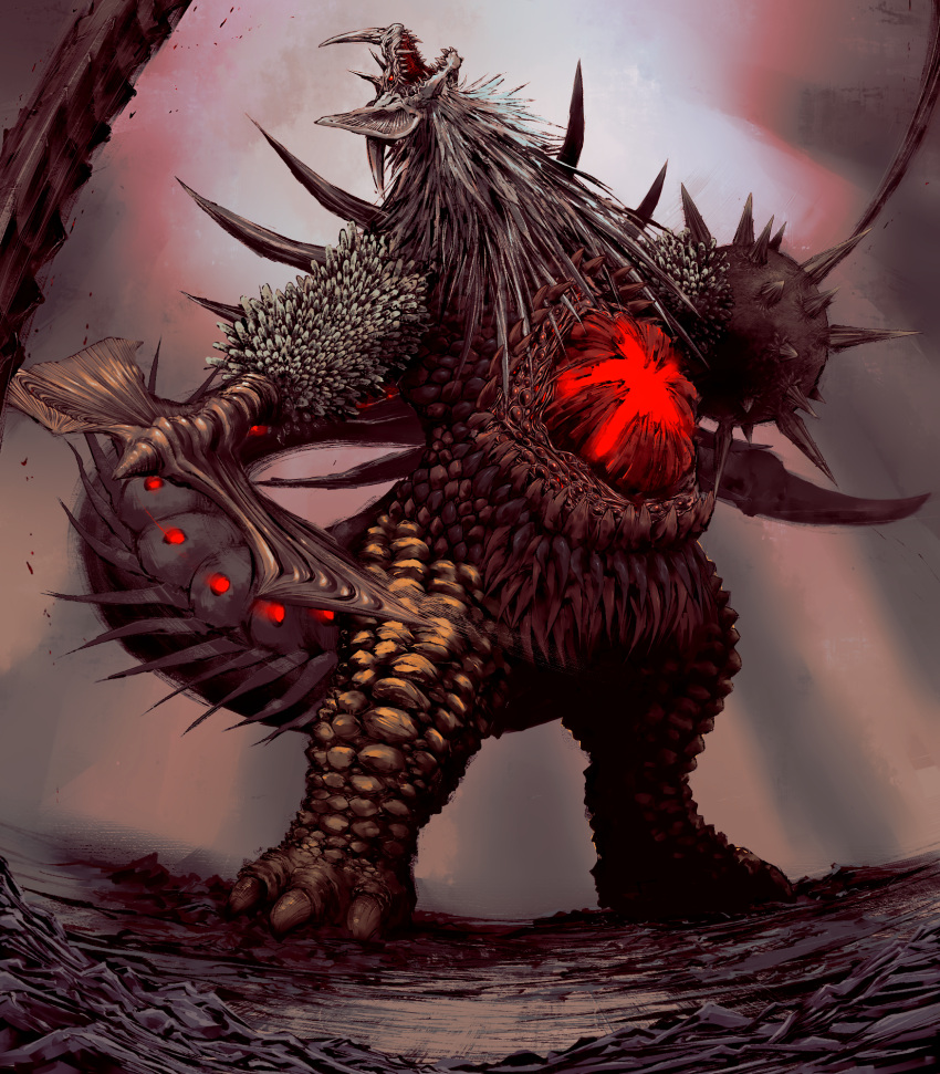 1other, arm_mounted_weapon, axe, back_spikes, body_fur, chimera, clawed_feet, commentary_request, fuhatsu_eekoodan, giant, giant_monster, glowing, glowing_chest, grey_fur, highres, horns, kaiju, looking_up, mace, no_hands, open_mouth, outdoors, partial_commentary, pointy_ears, red_eyes, roaring, scales, sharp_teeth, spiked_mace, spiked_tail, spikes, tail, teeth, tokusatsu, tyrant_(ultraman_tarou), ultra_series, ultraman_tarou_(series), very_long_tail, weapon