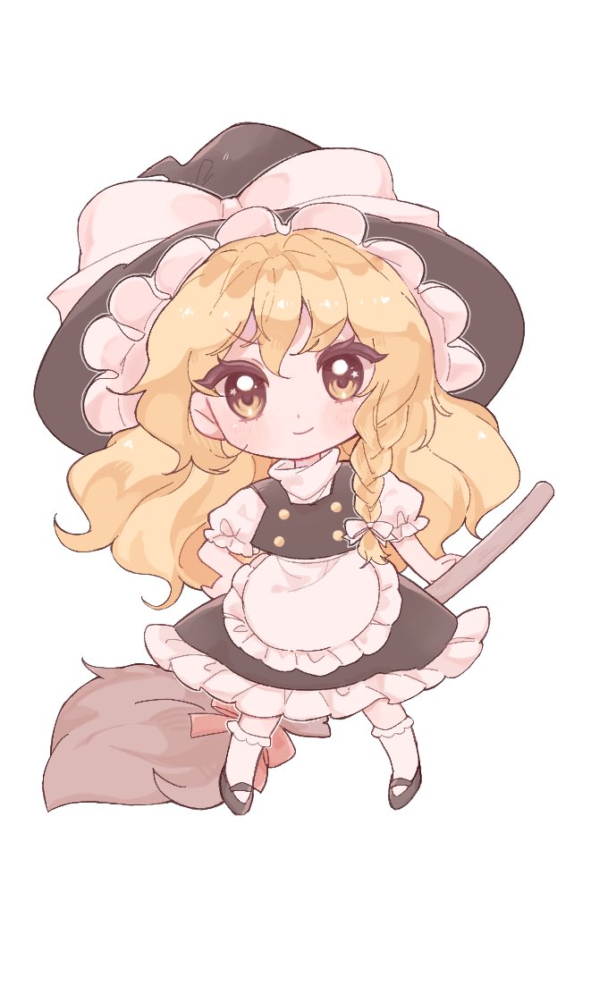 1girl, apron, black_hat, black_shoes, black_skirt, black_vest, blonde_hair, bow