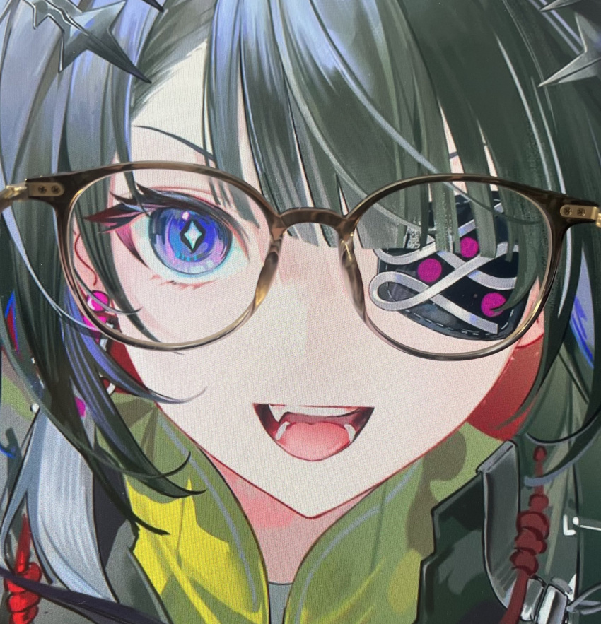 1girl, :d, arknights, arknights:_endfield, black_hair, blue_eyes, bright_pupils, diamond-shaped_pupils, diamond_(shape), eyepatch, fang, glasses, glasses_on_art_(trend), hair_ornament, hairpin, hannhi_1005, highres, medium_hair, one_eye_covered, photo_(medium), smile, symbol-shaped_pupils, tangtang_(arknights), teeth, upper_body