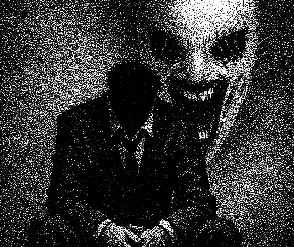 1boy, 1other, collared_shirt, greyscale, higuruma_hiromi, jacket, judgeman_(jujutsu_kaisen), jujutsu_kaisen, layered_sleeves, male_focus, monochrome, necktie, nocturnmachine, screaming, shaded_face, shirt, short_hair, sitting, stitched_eye, stitches, suit, suit_jacket