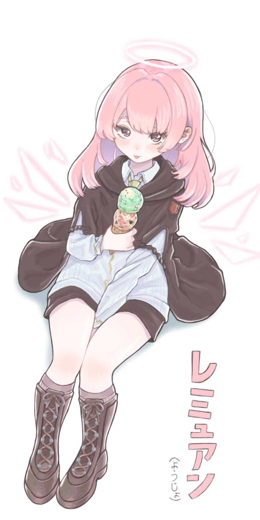 1girl, :p, absurdres, aged_down, arknights, between_legs, black_cloak, blush