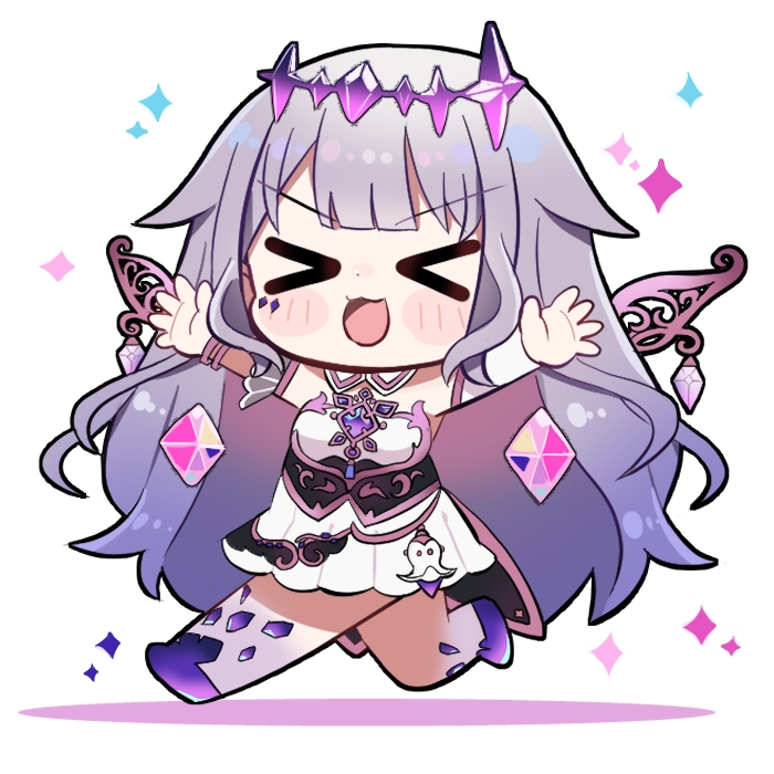 >_<, 1girl, :3, :d, bare_shoulders, blunt_bangs, blush_stickers, chibi