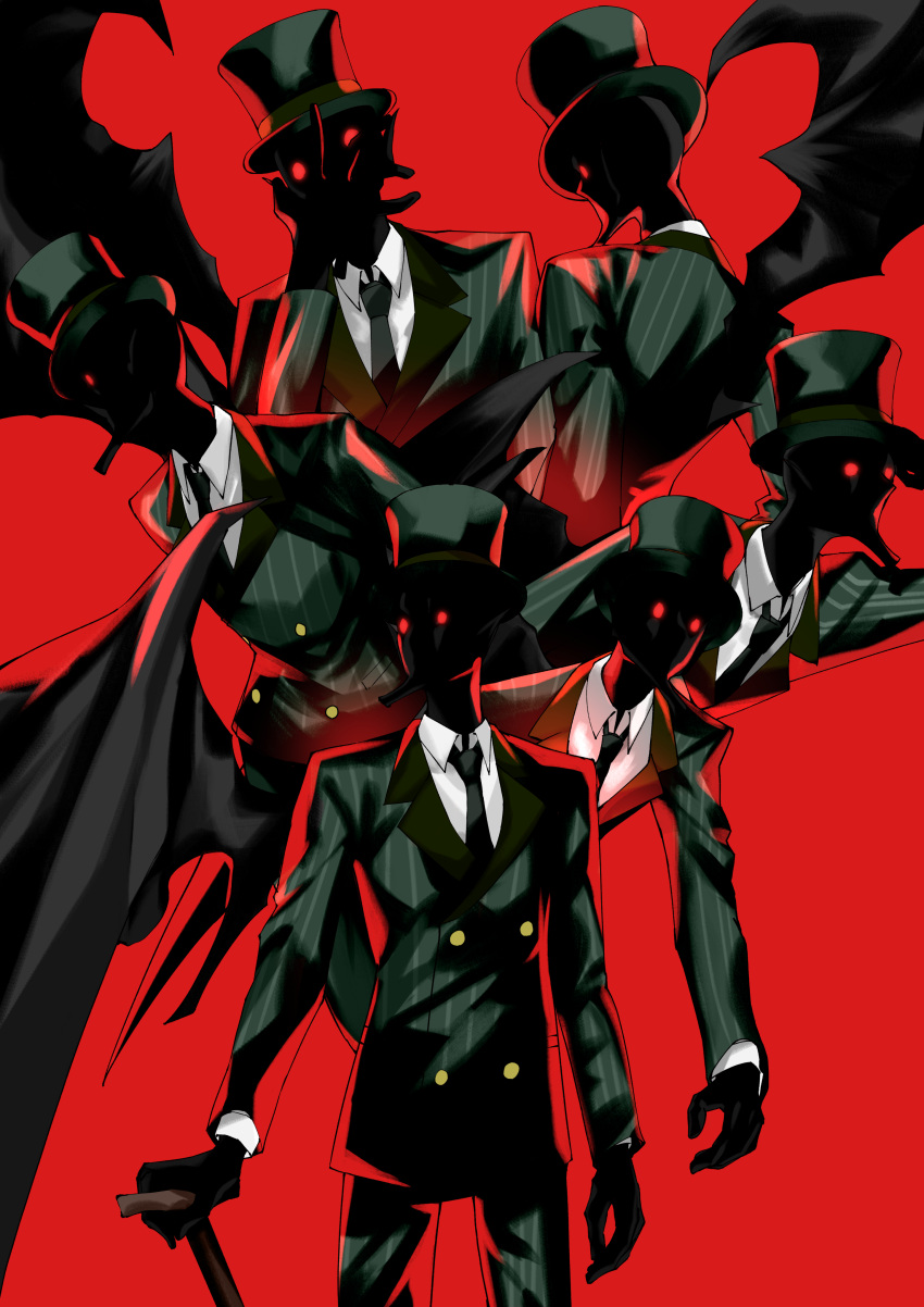 1other, absurdres, black_hat, black_necktie, black_pants, black_wings, buttons, cane, collared_shirt, commentary, demon_wings, fate/strange_fake, fate_(series), hat, highres, jack_the_ripper_(fate/strange_fake), long_sleeves, necktie, pants, red_background, red_eyes, shirt, simple_background, single_wing, suit, takoarata, top_hat, wings