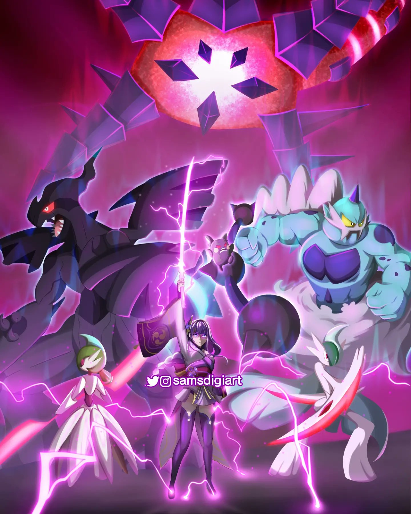 1girl, arm_up, artist_name, blunt_bangs, bridal_gauntlets, commentary, creature, crossover, electricity, english_commentary, eternatus, eternatus_(eternamax), floating, full_body, gallade, genshin_impact, glowing, glowing_eyes, hair_ornament, highres, holding, holding_sword, holding_weapon, instagram_username, iron_valiant, japanese_clothes, katana, kimono, looking_at_viewer, mega_gallade, mole, morpeko, morpeko_(hangry), musou_isshin_(genshin_impact), pokemon, pokemon_(creature), powering_up, purple_background, purple_hair, purple_kimono, purple_thighhighs, raiden_shogun, red_eyes, red_sash, samsdigiart, sash, standing, sword, thigh-highs, thundurus, thundurus_(incarnate), twitter_username, violet_eyes, weapon, zekrom