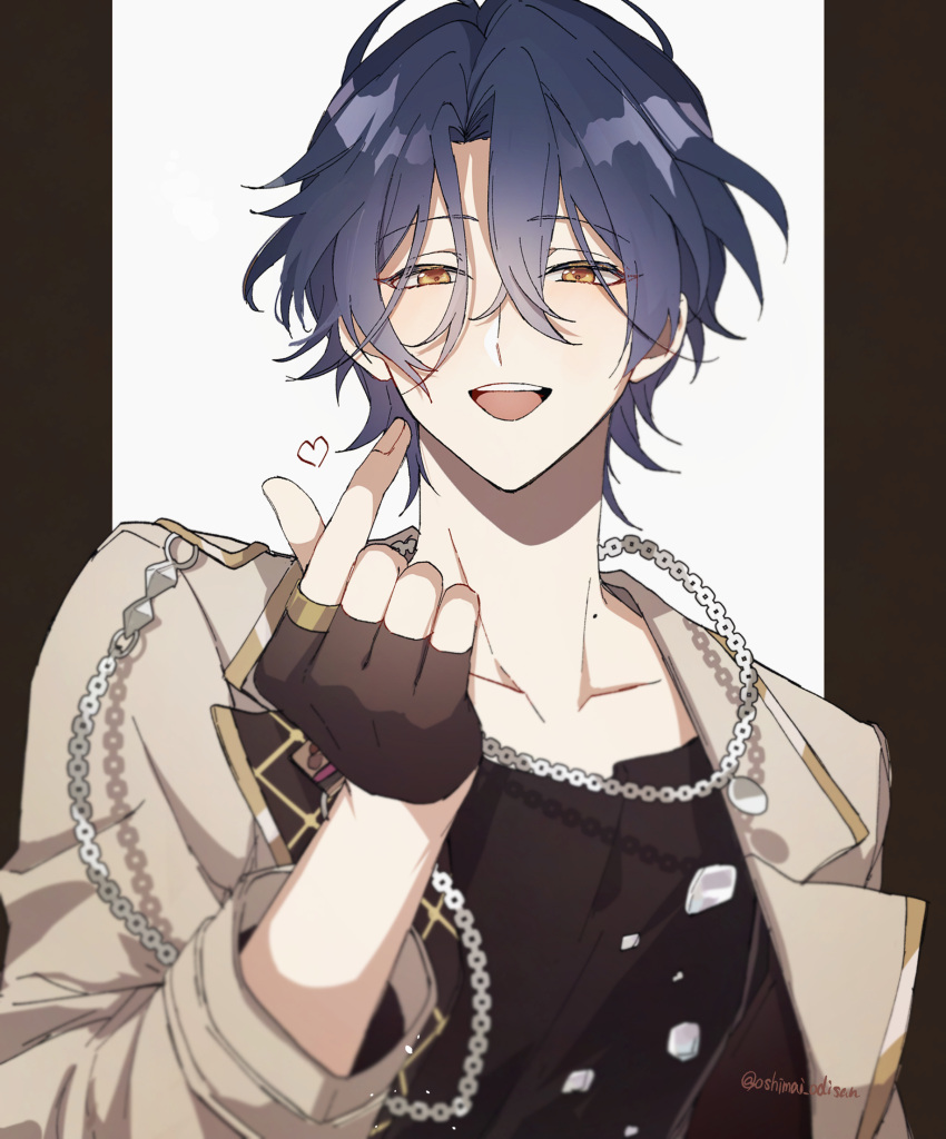 1boy, black_gloves, black_shirt, blue_hair, chain, chain_necklace, collarbone, ensemble_stars!, finger_heart, fingerless_gloves, gloves, grey_jacket, hair_between_eyes, heart, highres, idol_clothes, jacket, jewelry, looking_at_viewer, male_focus, mole, mole_on_neck, necklace, oji_(oshimai_odisan), open_mouth, orange_eyes, outside_border, pillarboxed, ring, shirt, short_hair, signature, simple_background, smile, solo, teeth, tsuzura_chitose, upper_body, upper_teeth_only, white_background