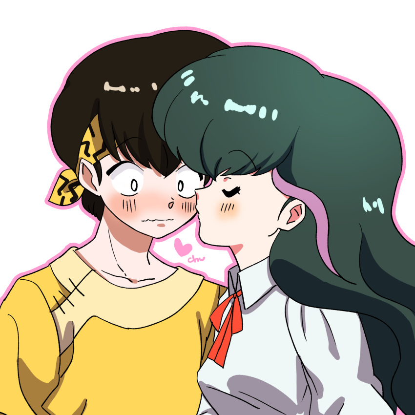 1boy, 1girl, black_hair, blush, closed_eyes, green_hair, heart, hetero