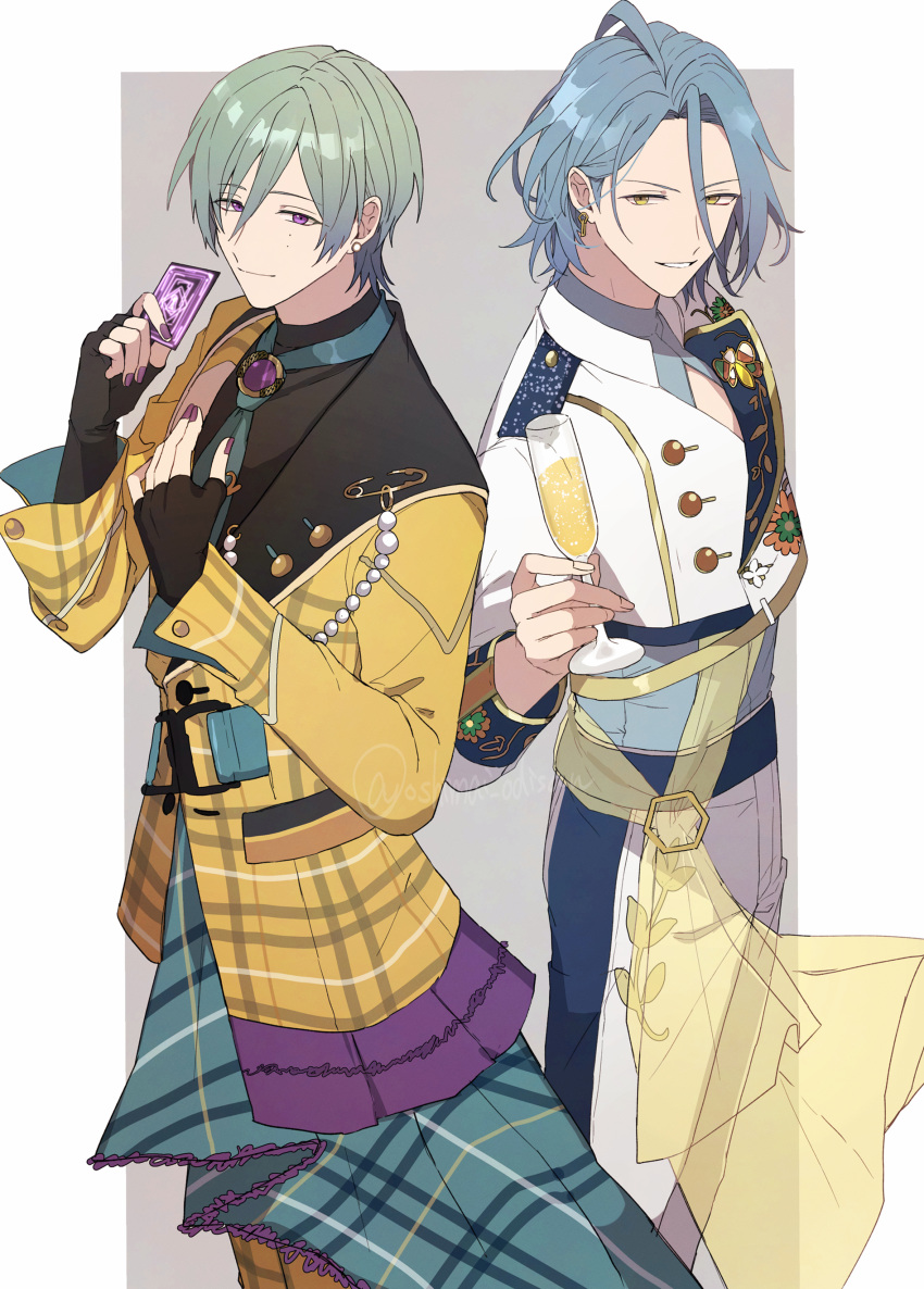 2boys, absurdres, alcohol, aqua_necktie, black_gloves, black_shirt, blue_hair, blue_shirt