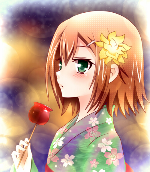 baka_to_test_to_shoukanjuu, blush, brown_hair, candy_apple, crossdressinging, flower, green_eyes, hair_flower