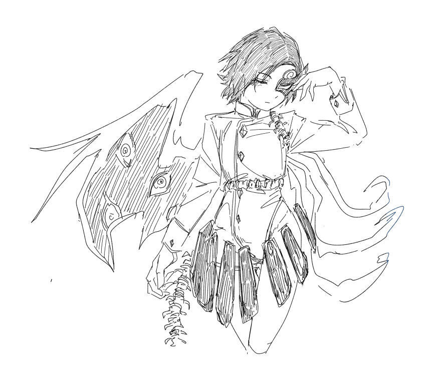 1girl, absurdres, asymmetrical_wings, closed_eyes, closed_mouth, commentary, cropped_legs, eyes_on_wings