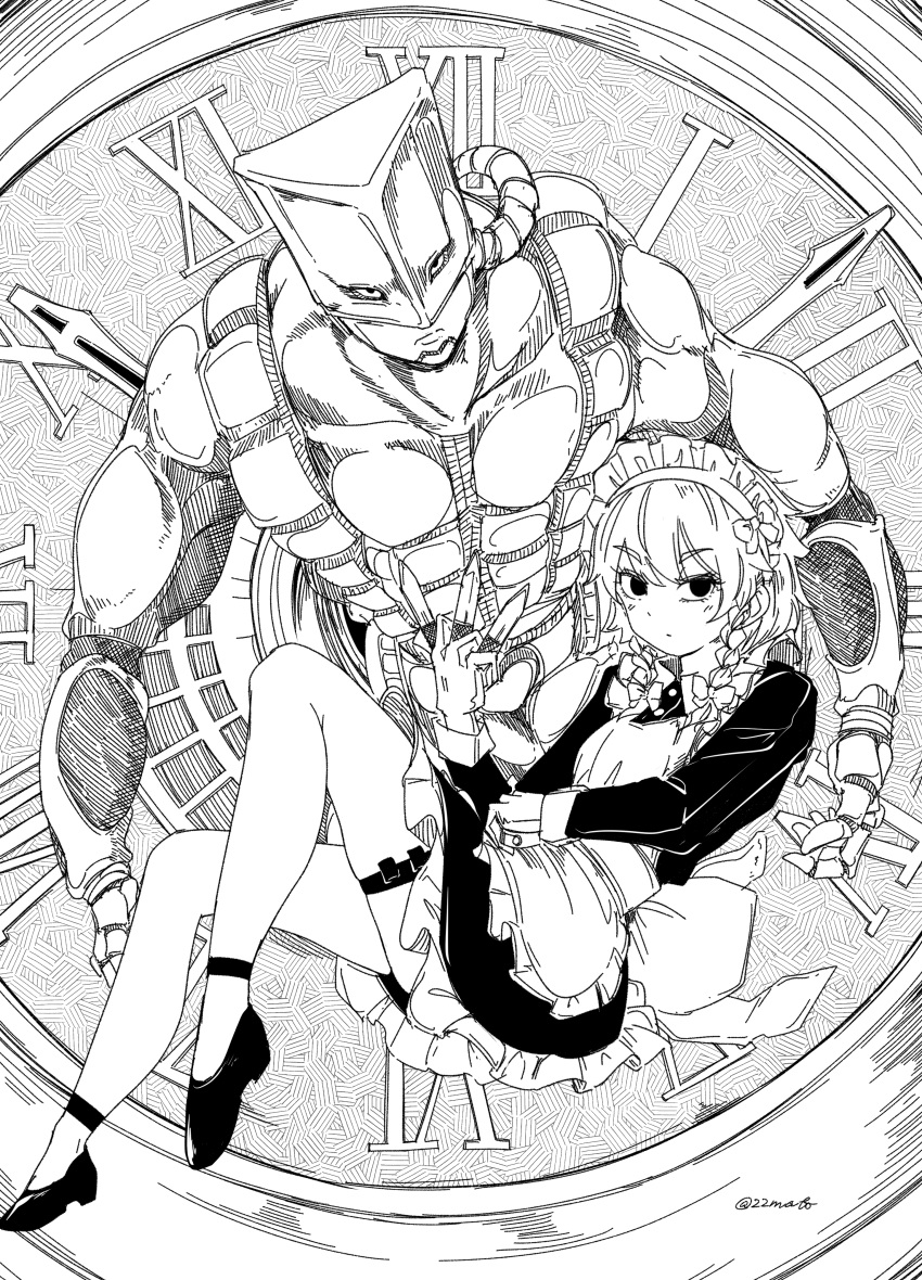 1boy, 1girl, absurdres, analog_clock, apron, back_bow, between_fingers, bow