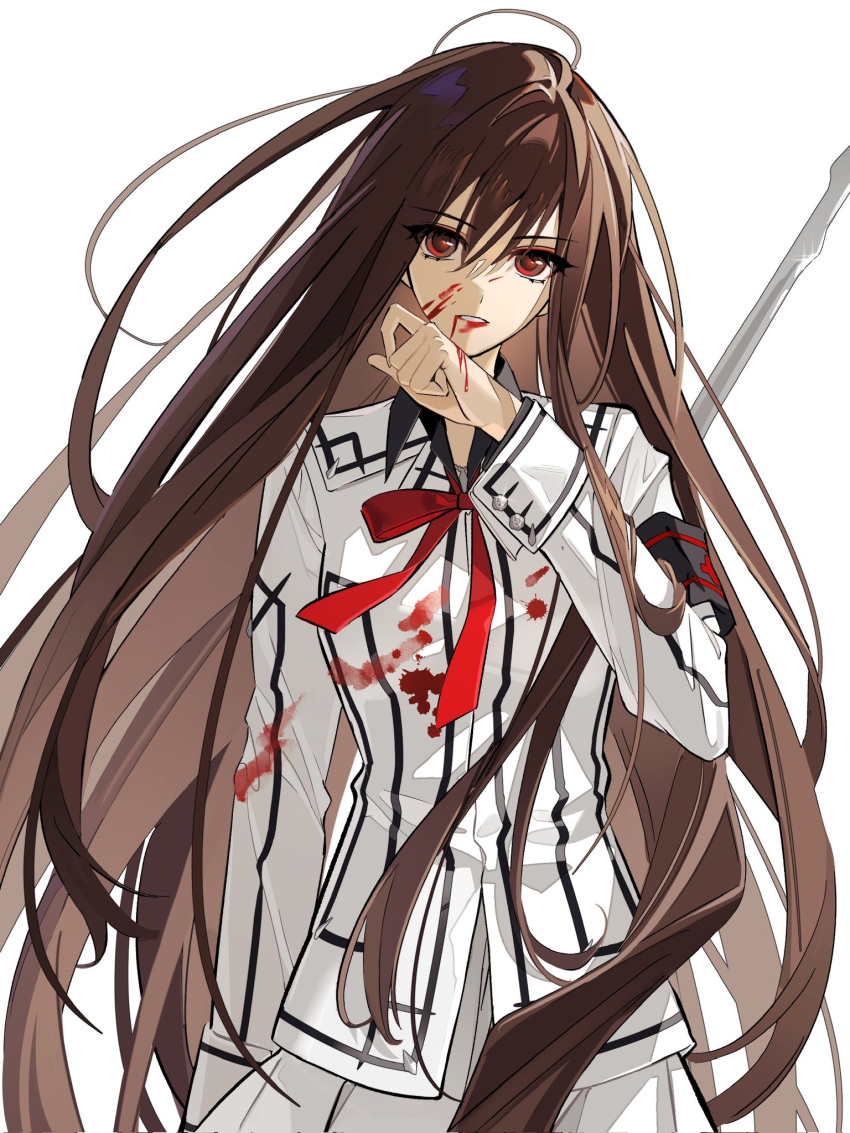 1girl, armband, black_shirt, blood, blood_on_clothes, blood_on_face, brown_hair, commentary_request