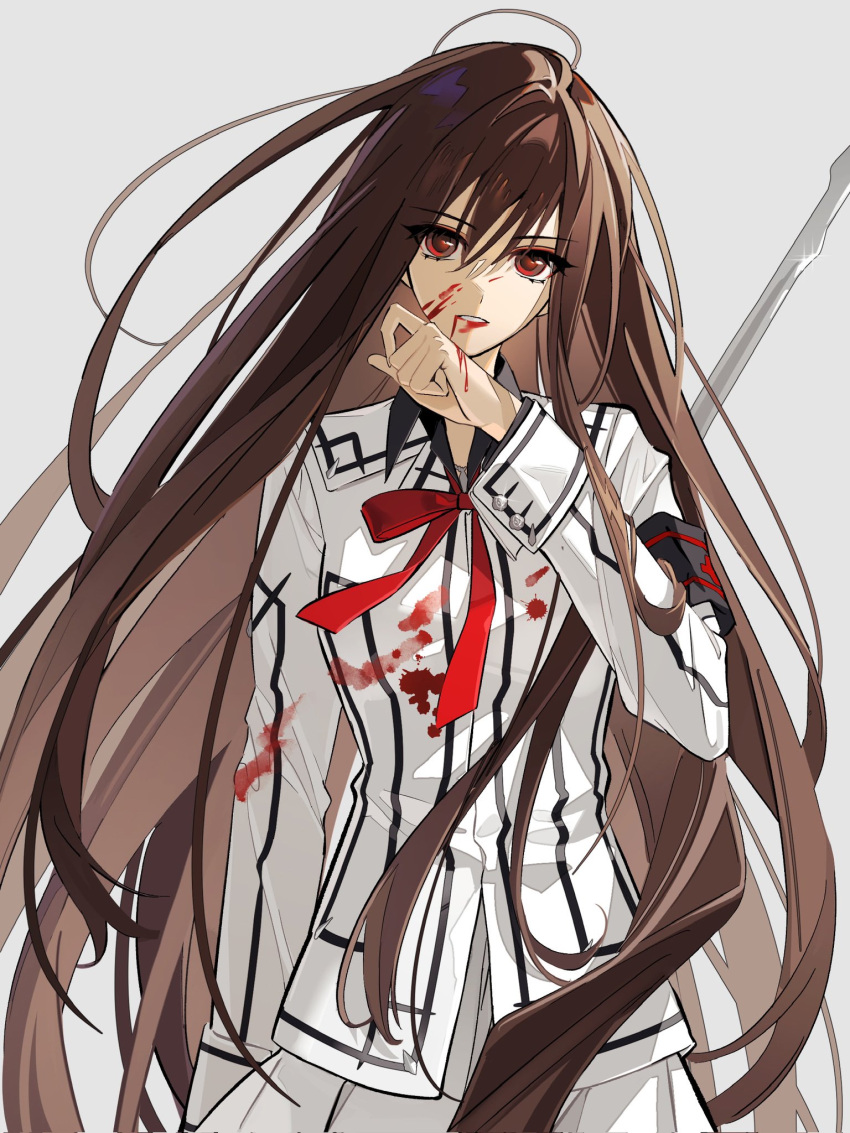 1girl, armband, black_shirt, blood, blood_on_clothes, blood_on_face, brown_hair, commentary_request