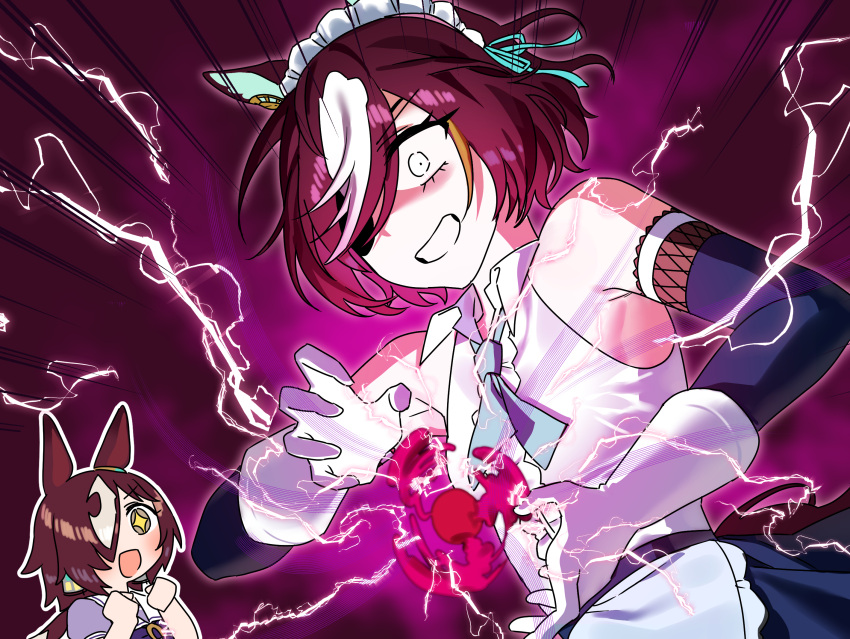 +_+, 2girls, :d, alternate_costume, animal_ears, apron, baejimile, black_sleeves