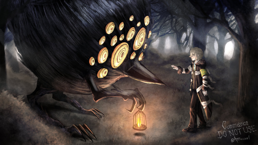 1other, absurdres, aeoncore1, arm_up, beak, big_bird_(project_moon), black_coat, black_pants, black_shoes, coat, commentary, commission, e.g.o_(project_moon), english_commentary, extra_eyes, fire, forest, highres, holding, holding_lantern, hypnosis, justitia_(e.g.o), lantern, lobotomy_corporation, mind_control, monster, nature, on_ground, open_clothes, open_coat, open_mouth, other_focus, outdoors, pants, project_moon, shoes, short_hair, standing, white_hair