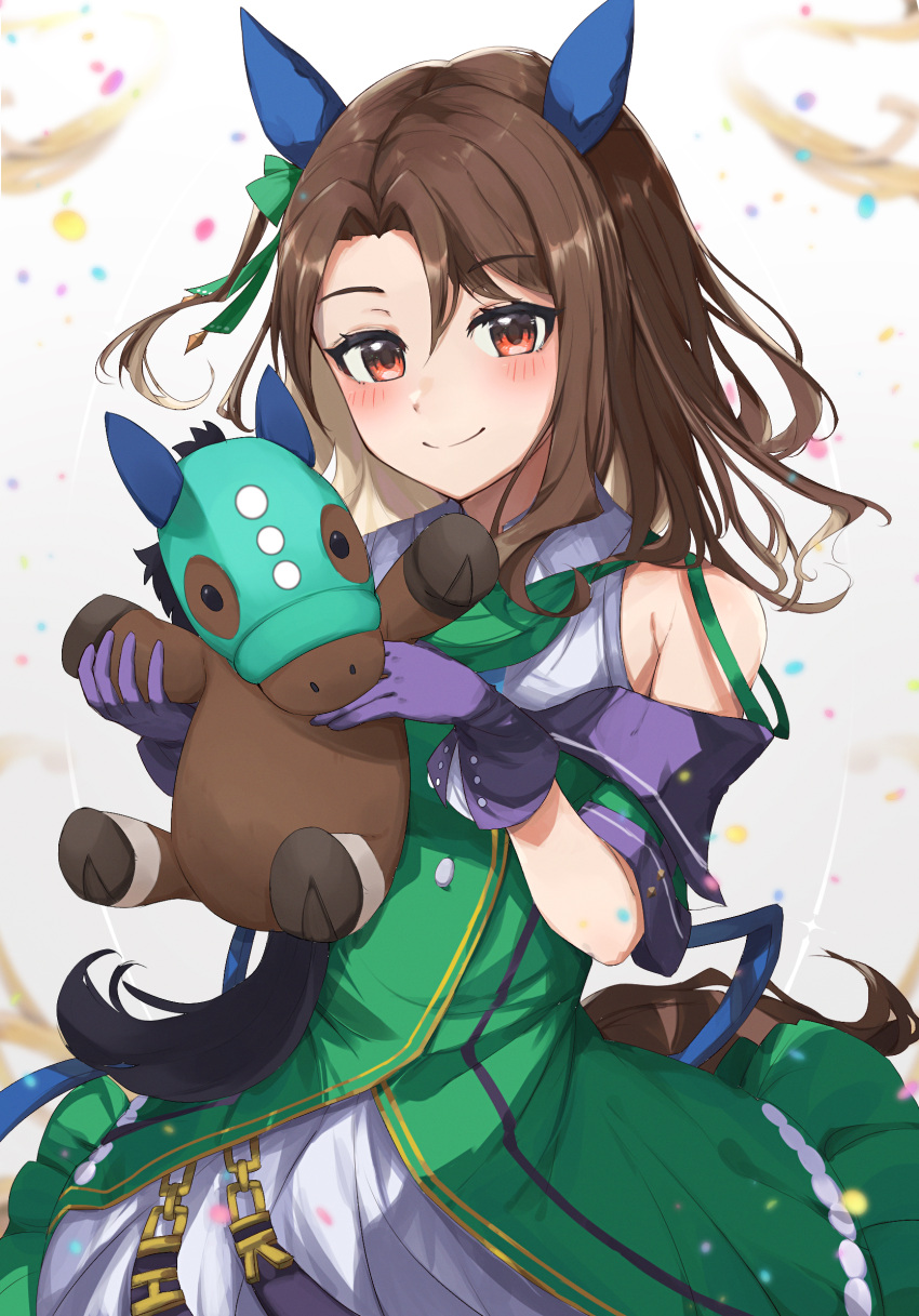 1girl, animal_ears, bare_shoulders, birthday, black_gloves, blush, border, bow