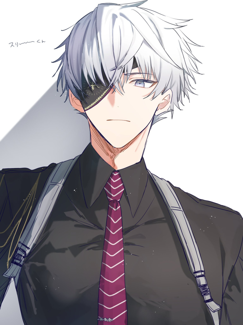 1boy, black_shirt, collared_shirt, commentary_request, grey_eyes, grey_hair, highres, necktie